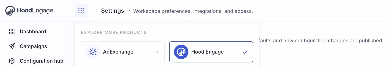 App switcher in the new HoodEngage interface