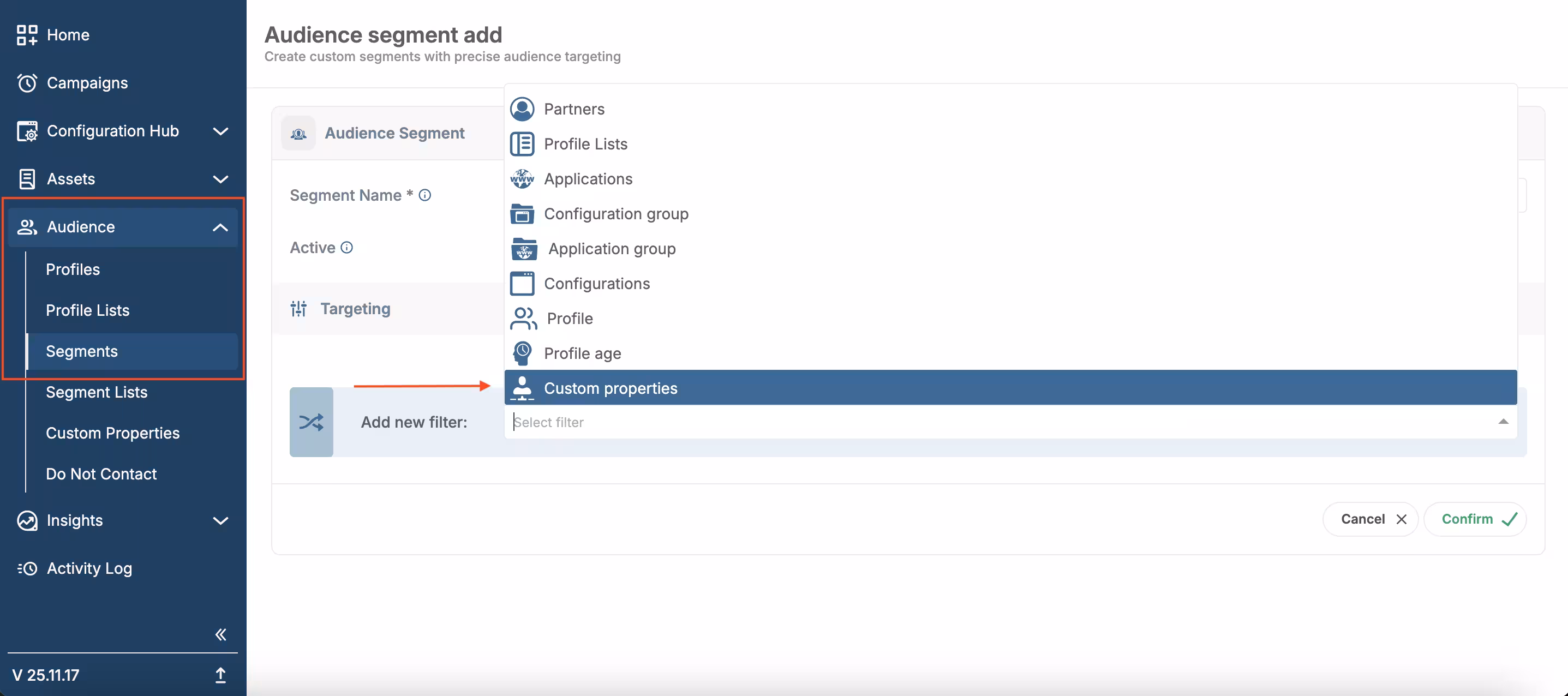 Creating segment with custom properties