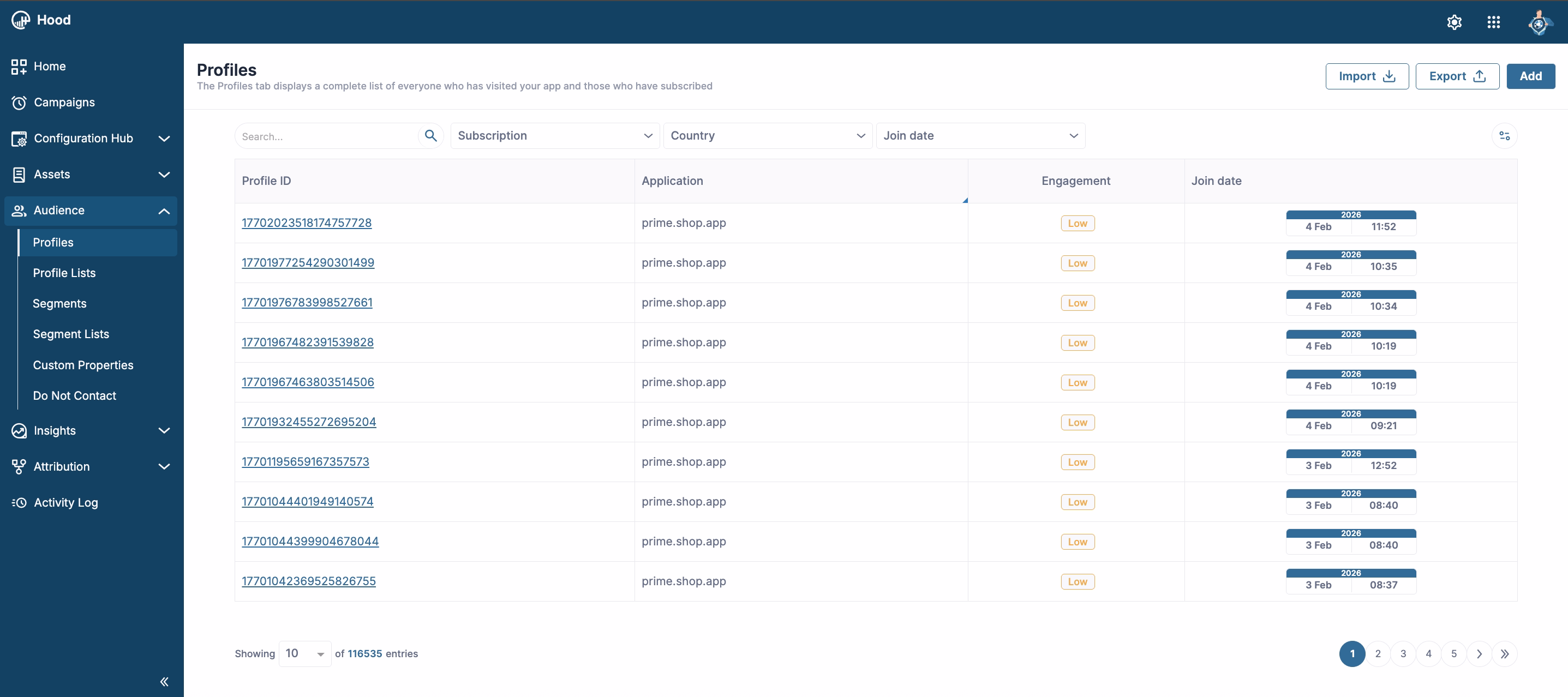Profiles list with Export option
