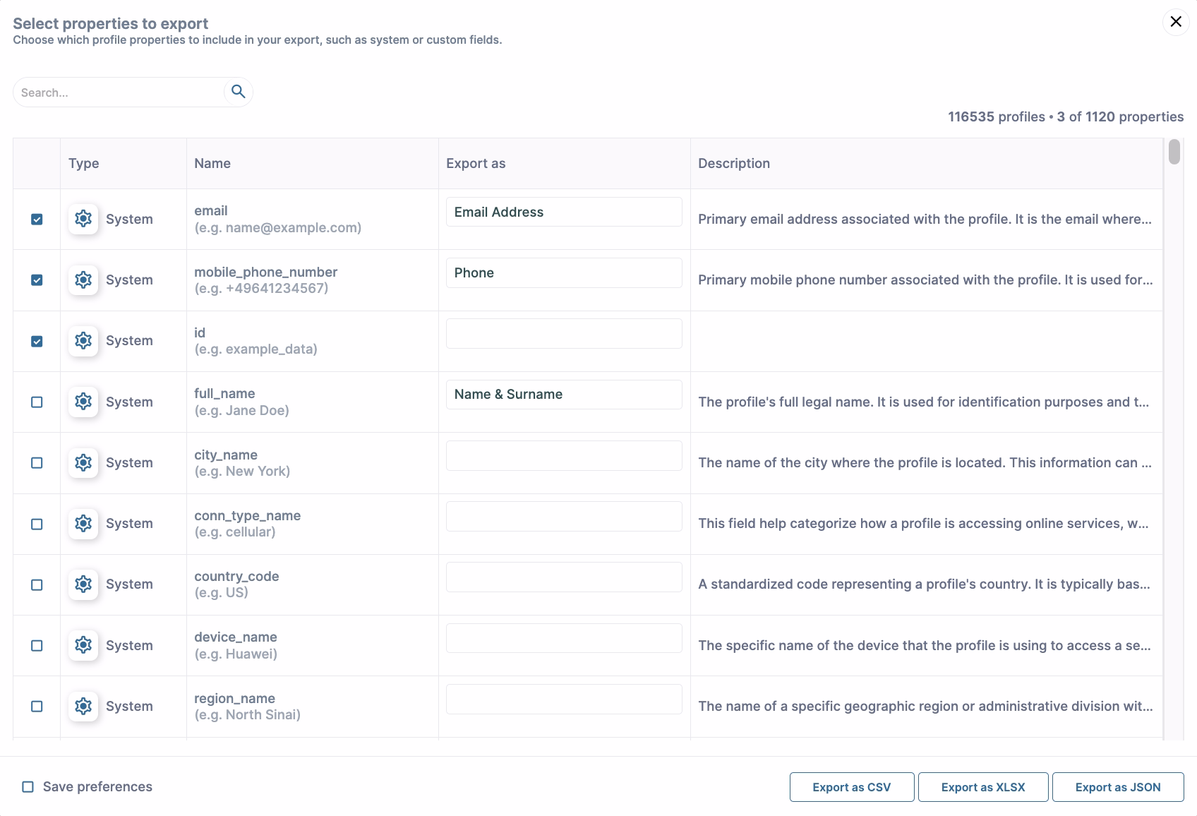 Custom export column names