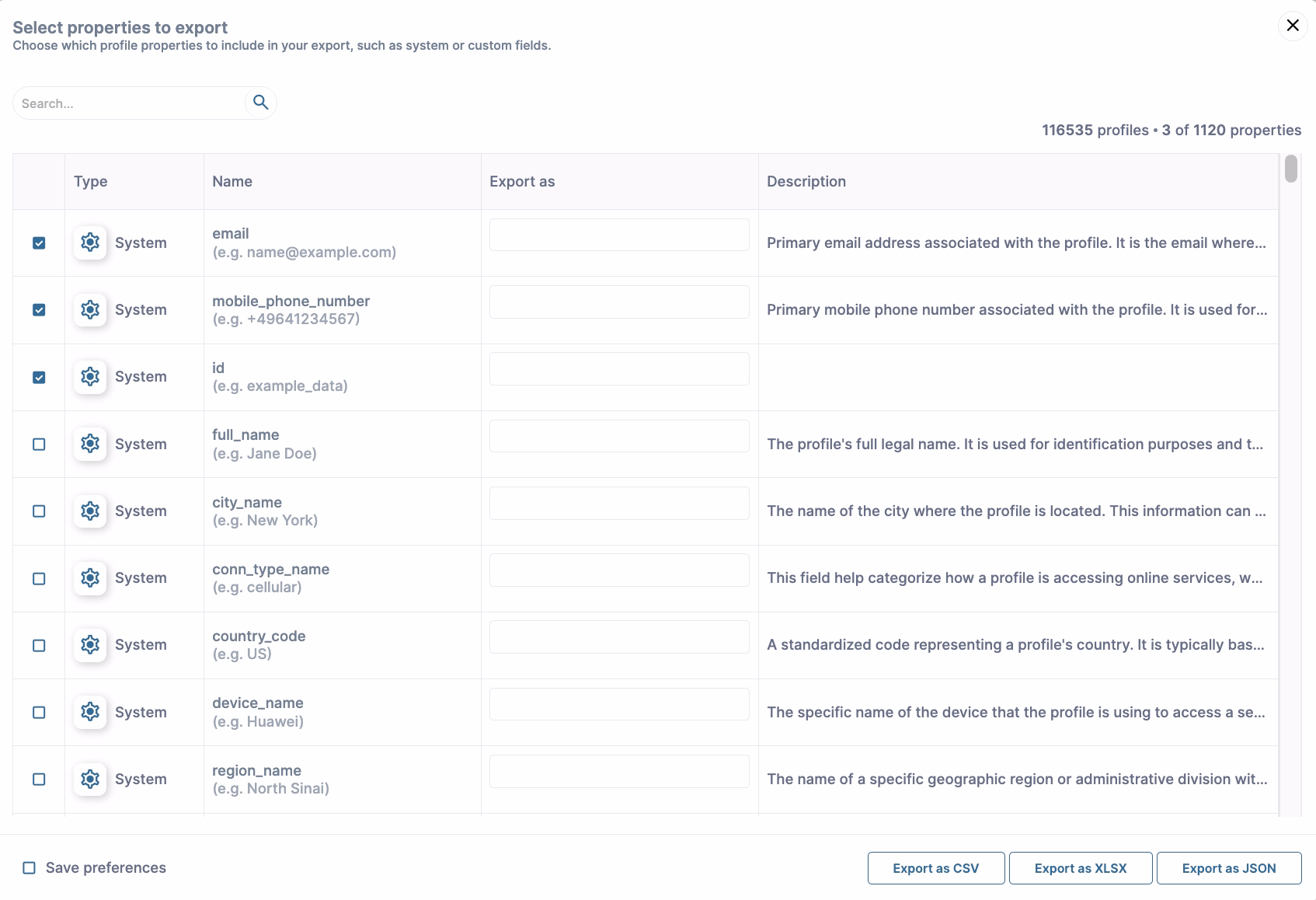 Export properties selection modal