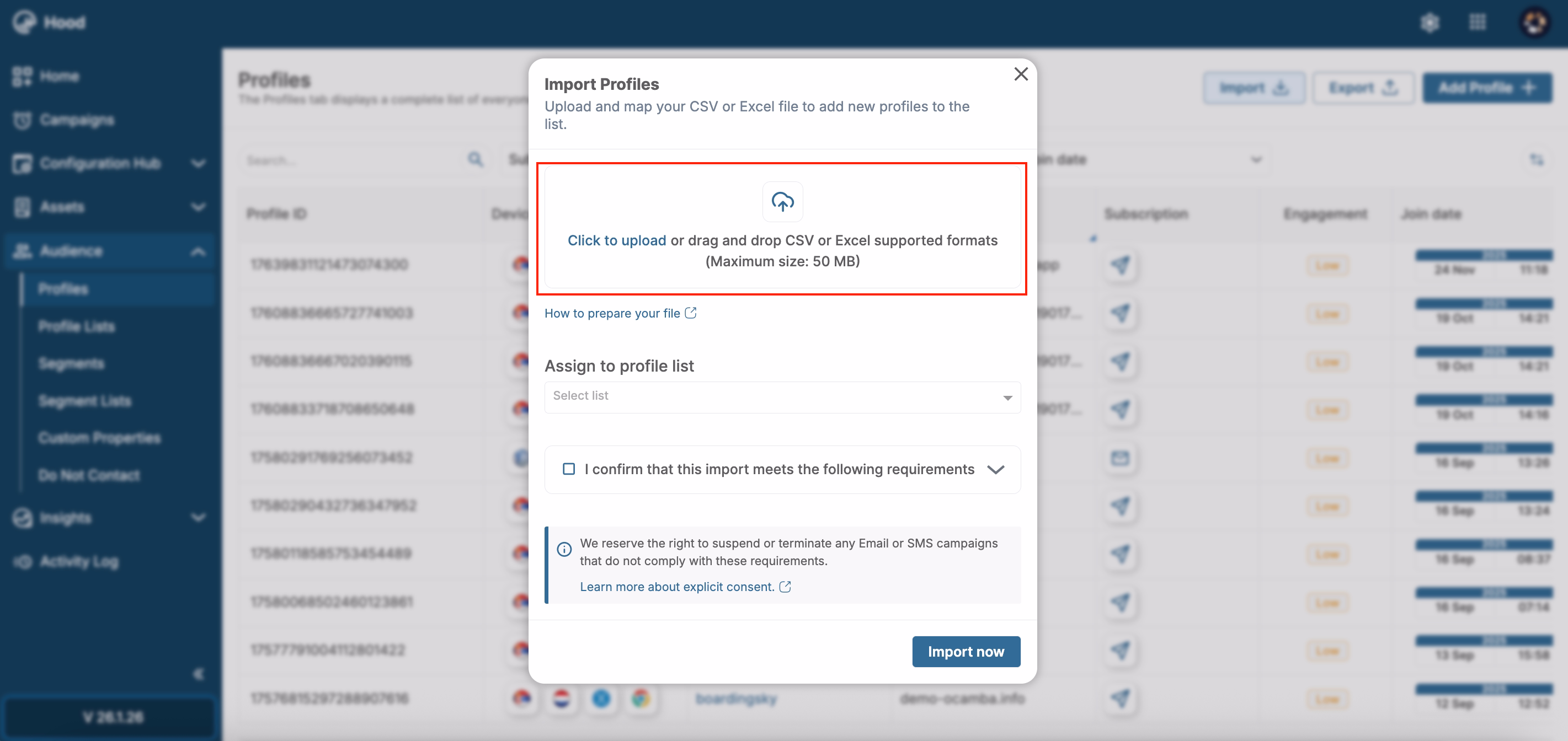Import profile upload area