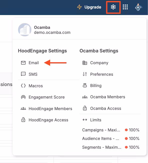Email setup location