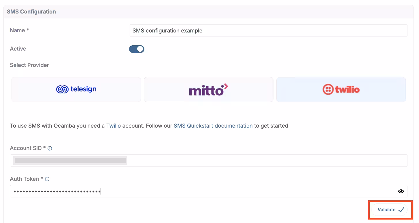 Twilio validate button