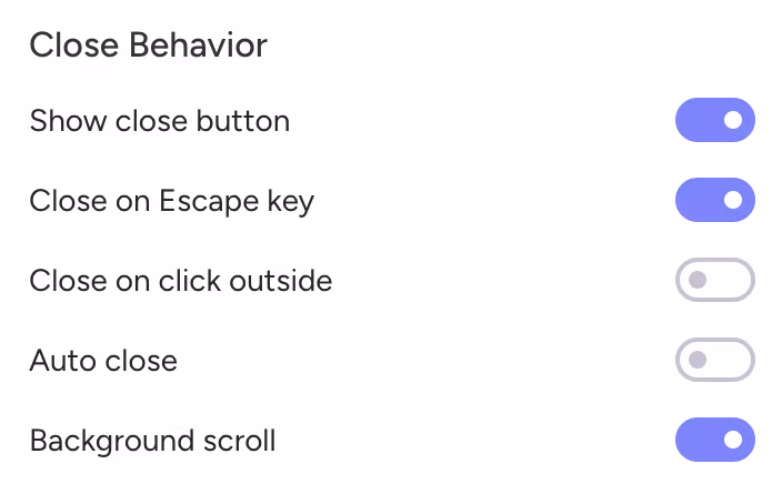 Close behavior settings in Modal Studio